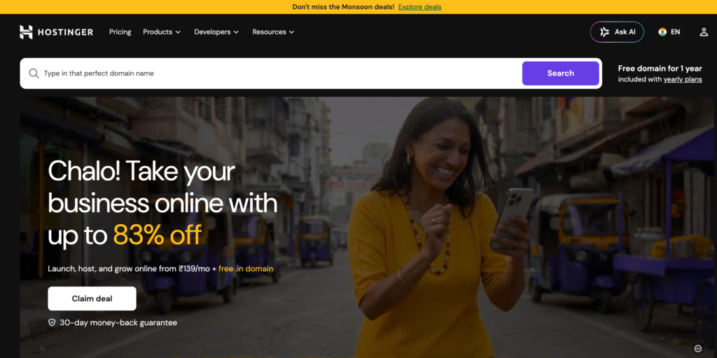 Hostinger official website with 83% discount